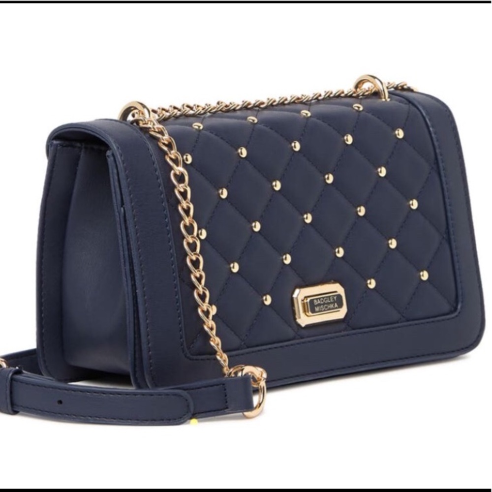 Badgley Mischka black bag cross body chain handle quilted gold studs small bag - Picture 1 of 9